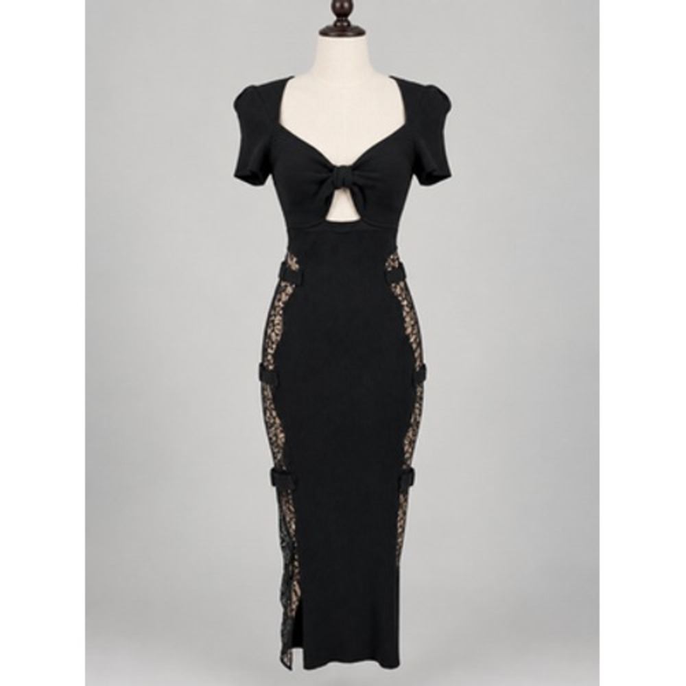 Self-Portrait Dress Small Black Viscose Knitted Midi Cutout Lace Bow Bodycon